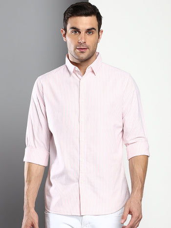 Men's Striped Pink Slim Fit Oxford Cotton Casual Shirt With Spread Collar & Full Sleeves (C9036_Pink_S)