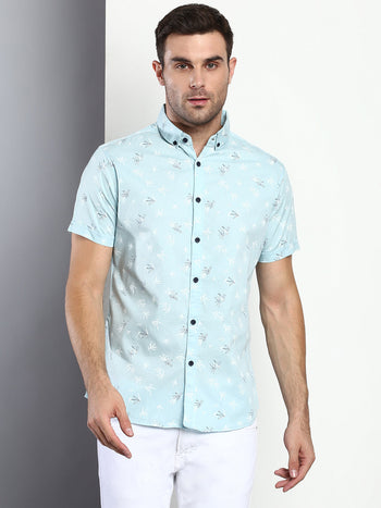 Men's Floral Sky Blue Slim Fit Cotton Casual Shirt With Button Down Collar & Half Sleeves