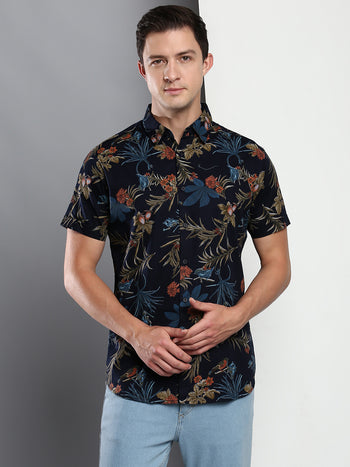 Men's Printed Navy Slim Fit Cotton Poly Casual Shirt With Spread Collar & Half Sleeves