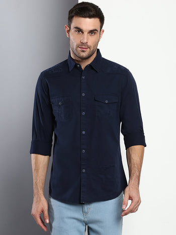 Men's Solid Slim Fit Spread Collar Cotton Casual Shirt Navy