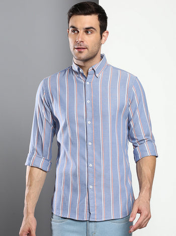 Men's Striped Blue Slim Fit Oxford Cotton Casual Shirt With Button Down Collar & Full Sleeves (C9041_Blue_S)