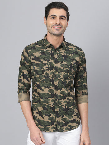 Men's Camouflage Print Brown Slim Fit Cotton Casual Shirt