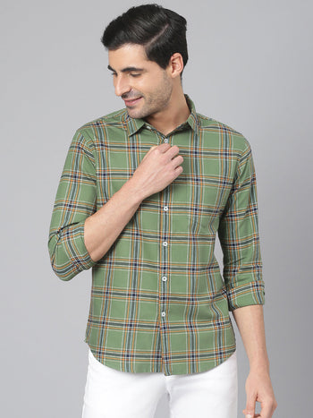 Men's Checkered Green Slim Fit Cotton Casual Shirt