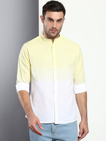 Men's Ombre Lemon Slim Fit Cotton Casual Shirt With Mandarin Collar & Full Sleeves