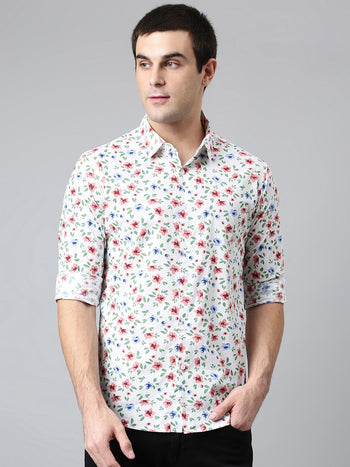 Men's Cotton Printed White Slim Fit Casual Shirt