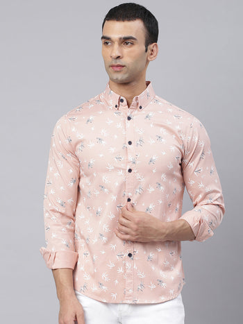 Men's Floral Print Peach Slim Fit Cotton Casual Shirt