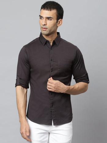 Men's Solid Dark Grey Slim Fit Cotton Casual Shirt