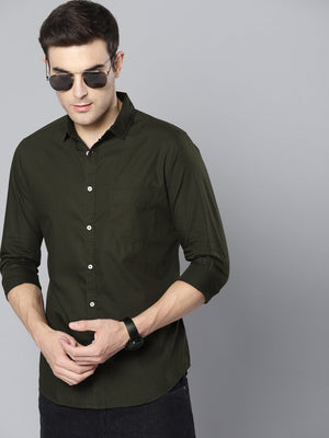 Dennis Lingo Men's Cotton Olive Green Solid Casual Shirt