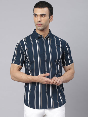 Men's Striped Navy Slim Fit Cotton Casual Shirt