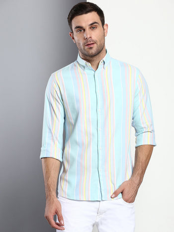 Men's Striped Aqua Slim Fit Cotton Casual Shirt With Button Down Collar & Full Sleeves