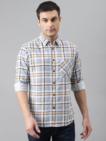 Men's Single Patch Pocket Checkered Slim Fit Cotton Casual Shirt