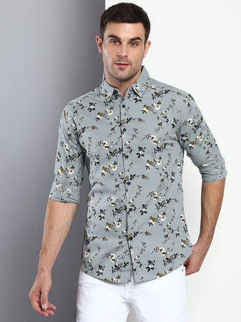 Men's Floral Dusty Teal Slim Fit Cotton Casual Shirt With Spread Collar & Full Sleeves