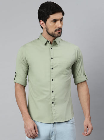 Men's Solid Green Slim Fit Cotton Casual Shirt