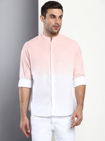 Men's Ombre Dusty Peach Slim Fit Cotton Casual Shirt With Mandarin Collar & Full Sleeves