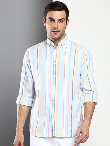 Men's Striped Skyblue Slim Fit Oxford Cotton Casual Shirt With Button Down Collar & Full Sleeves (C9031_Skyblue_S)