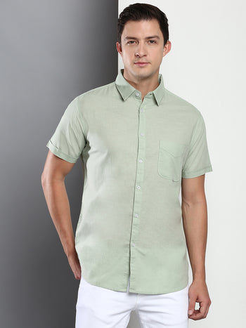 Men's Solid Dusty Green Slim Fit Cotton Linen Casual Shirt With Spread Collar & Half Sleeves