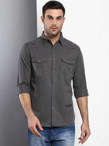 Men's Solid Slim Fit Spread Collar Cotton Casual Shirt Darkgrey