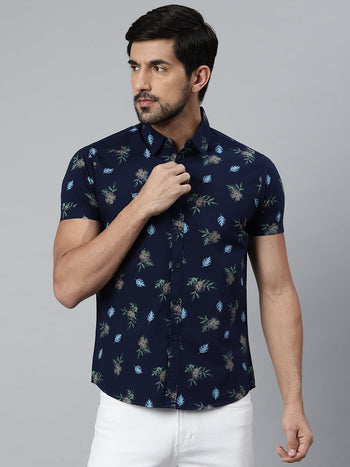 Men's Floral Slimfit Half Sleeves Spread Collar Shirt (Navy)