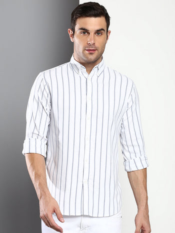 Men's Striped White Slim Fit Oxford Cotton Casual Shirt With Button Down Collar & Full Sleeves (C9040_White_S)