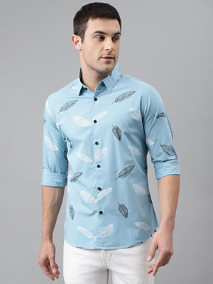 Dennis Lingo Men's Printed Blue Slim Fit Cotton Casual Shirt