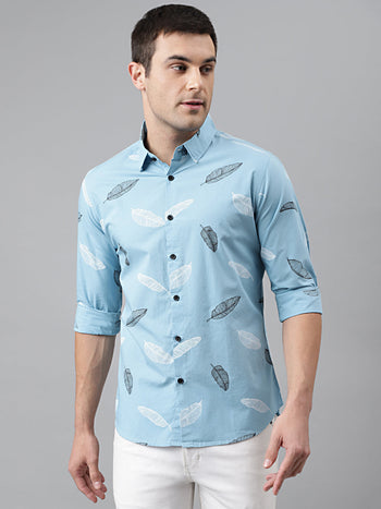 Men's Printed Blue Slim Fit Cotton Casual Shirt