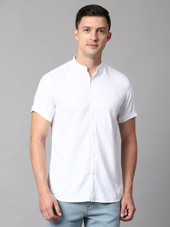 Men's Solid White Slim Fit Casual Shirt With Mandarin Collar