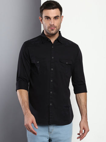 Men's Solid Slim Fit Spread Collar Cotton Casual Shirt Black