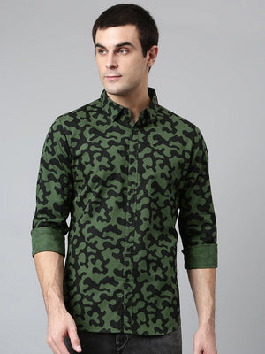 Dennis Lingo Men's Cotton Printed Green Slim Fit Casual Shirt