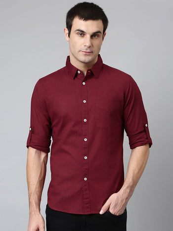 Men's Cotton Solid Slim Fit Casual Shirt With Pocket Roll Up Full Sleeve Shirt For Formal & Casual Wear