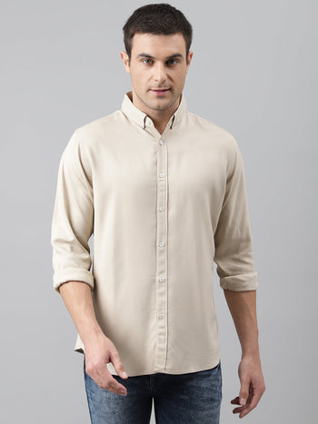 Men's Solid Cream Slim Fit Cotton Casual Shirt