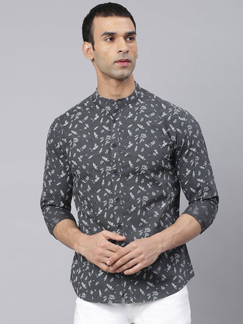 Men's Floral Prints Mandarin Collar Full Sleeves Slim Shirt (Grey)