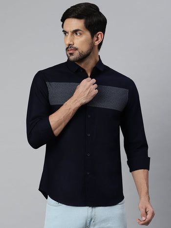 Men's Self Design Spread Collar Slim Fit Fulll Sleves Shirts (Navy)