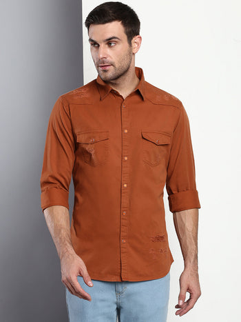 Men's Solid Slim Fit Spread Collar Cotton Casual Shirt Rust