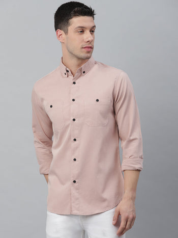 Men's Solid Peach Slim Fit Cotton Casual Shirt