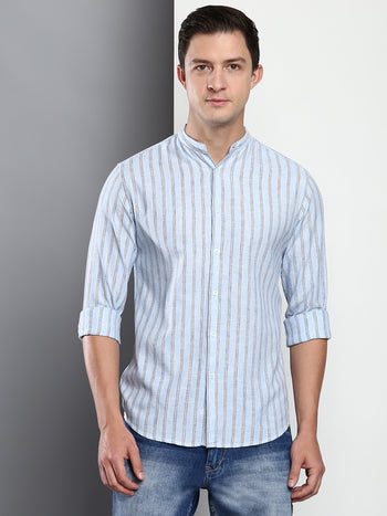 Men's Stripes Sky Blue Slim Fit Linen Casual Shirt With Mandarin Collar & Full Sleeves