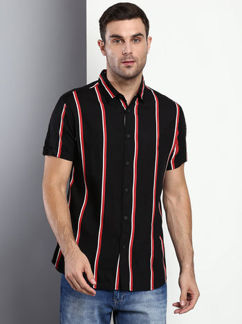 Men's Striped Black Slim Fit Rayon Casual Shirt With Spread Collar & Half Sleeves