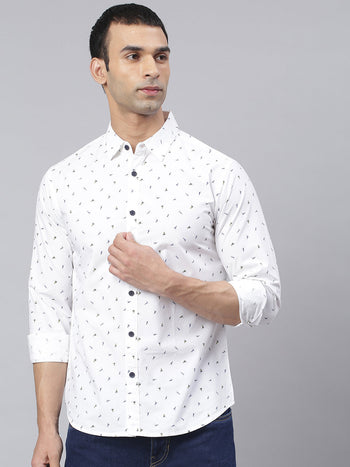 Men's Abstract Printed Slim Fit Spread Shirt (White)