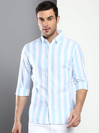 Men's Striped Skyblue Slim Fit Oxford Cotton Casual Shirt With Spread Collar & Full Sleeves (C9038_Skyblue_S)