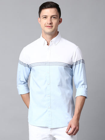 Men's Color Block Sky Blue Slim Fit Casual Shirt With Spread Collar