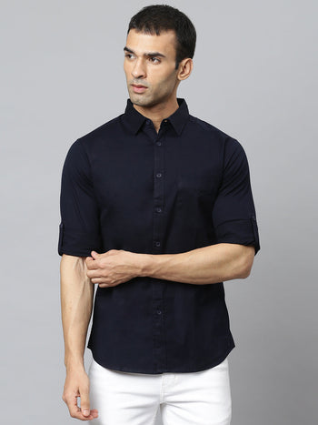 Men's Solid Navy Slim Fit Cotton Casual Shirt