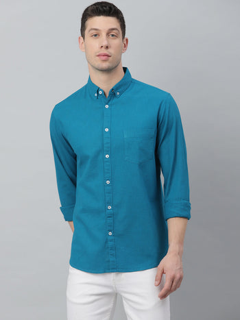 Men's Solid Button Down Collar Casual Shirt (Blue)