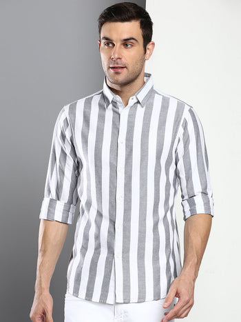 Men's Striped Black Slim Fit Oxford Cotton Casual Shirt With Spread Collar & Full Sleeves (C9038_Black_S)