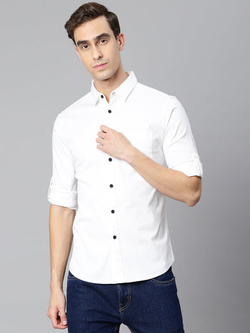 Men's Solid White Slim Fit Cotton Casual Shirt