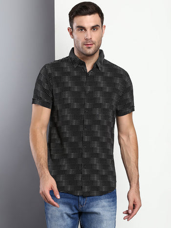 Men's Polka Dot Black Slim Fit Rayon Casual Shirt With Spread Collar & Half Sleeves