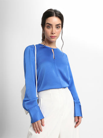 DL Woman Stylised V Neck Regular Fit Solid Cobalt Blue Top