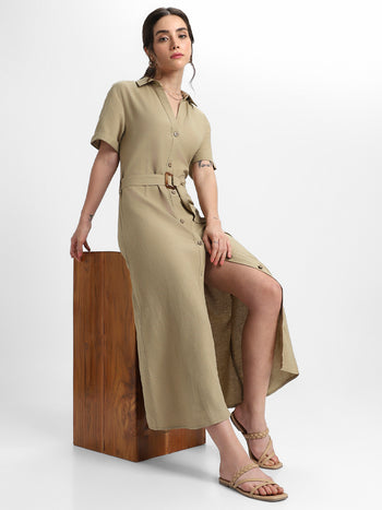 DL Woman Shirt Collar Solid Olive A-Line Dress