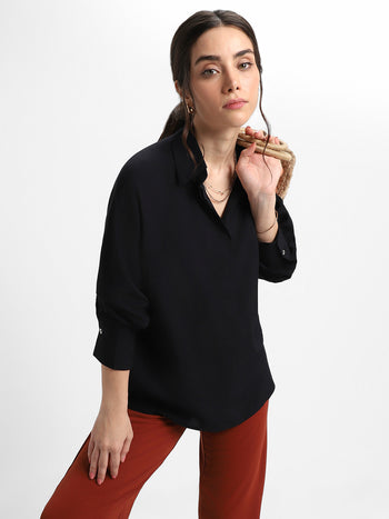 DL Woman Shirt Collar Relaxed Fit Solid Black Shirt