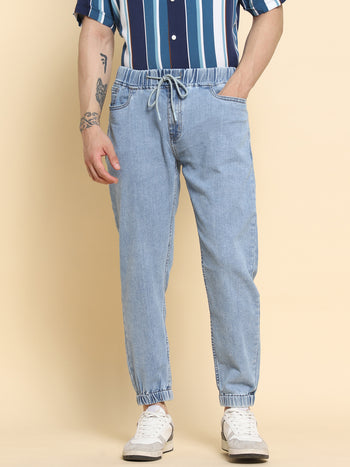 Men's Slim Fit Medium Blue Denim Jeans Waistband With Belt Loops Has A Button Rivet And Zip Closure