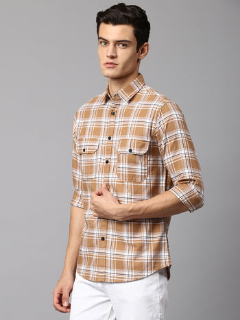 Men's Checkered Brown Slim Fit Casual Shirt  Spread Collar