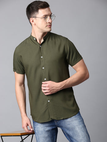 Men's Solid Olive Slim Fit Casual Shirt With Mandarin Collar